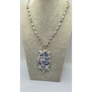 Vintage Artisan Turtle Pendant Necklace Polymer Clay Beaded 22in
